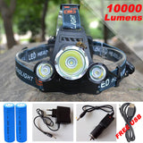 Super Bright 10,000 Lumen CREE XML T6+2R5 LED Headlamp with Outlet, Car & USB Chargers